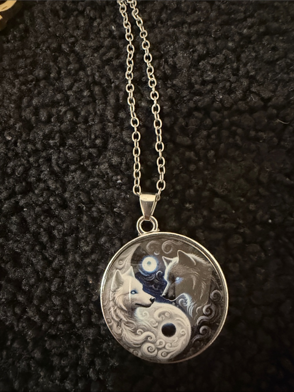 Wolf Yin Yang Pendant Necklace - Black and White 1” width